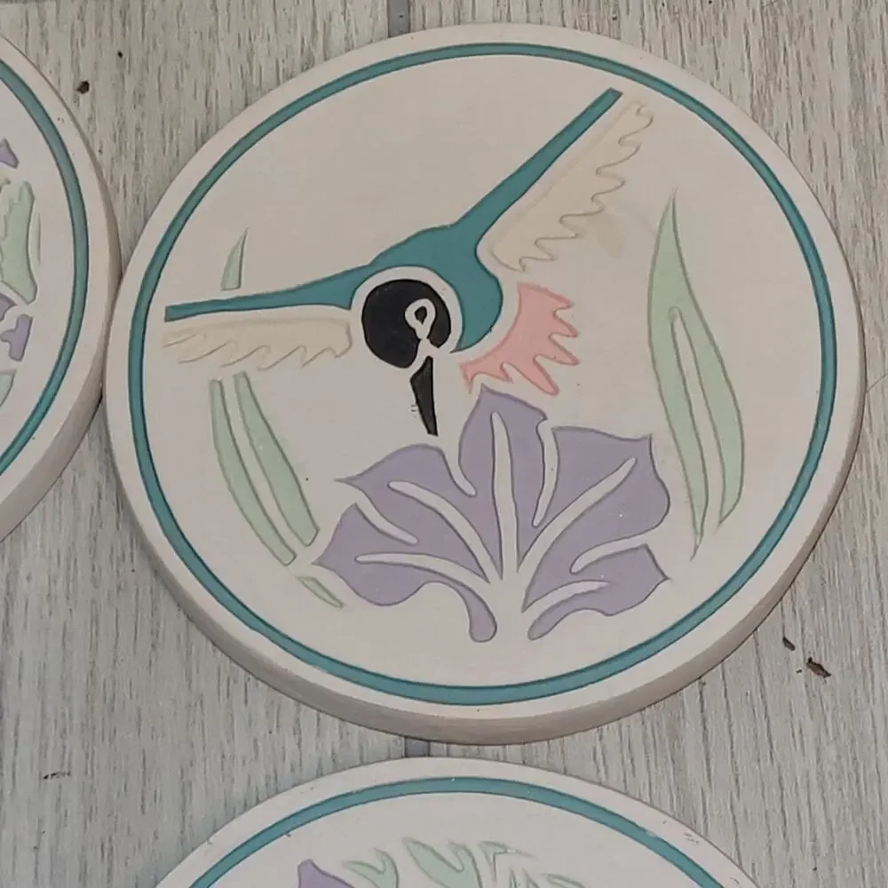 Vtg Southwestern Hummingbird Ceramic Coaster Set Of 4 NWOT Coastal Boho